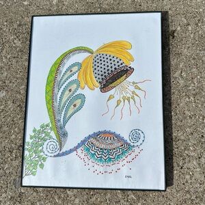 Framed Original S. Motta Floral Abstract DrawingMixed Media Ink & Colored Pencil